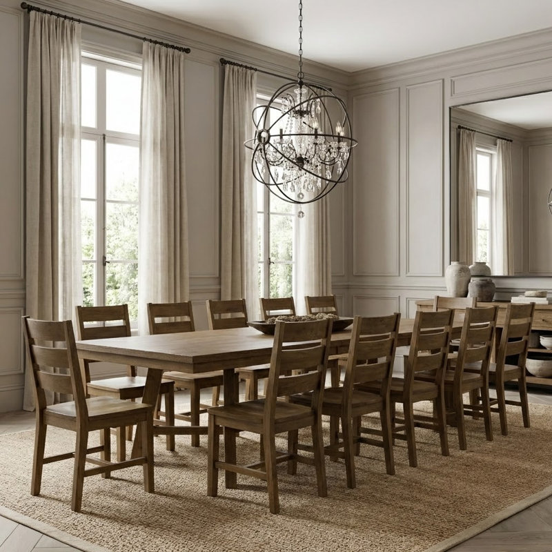Almeda Modern Extendable Rectangular Dining Table Set, Brown, 13 Pieces: Table, 12 Chairs