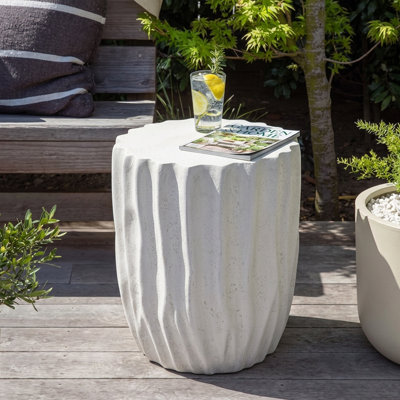 Bruna Patio Ribbed Textured MGO Side Table with Sculptural Barrel Form