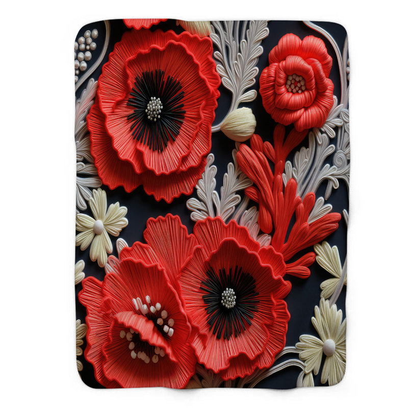 Couverture en sherpa de qualité supérieure 1 pièce Imitation Stitched Poppy Meadow, Lit simple