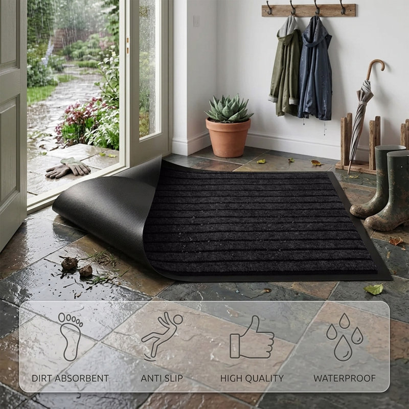 NON-SLIP RUBBER DOOR MAT - INDOOR/OUTDOOR USE, Black, 80cm W x 300cm L