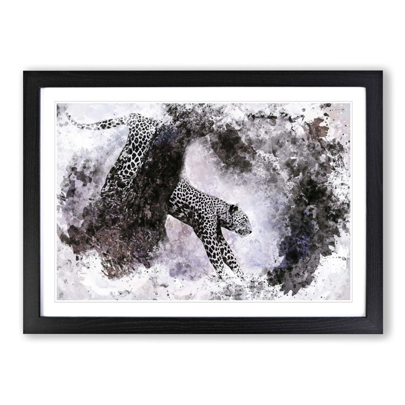 Leopard Climbing from a Tree in Abstract - Picture Frame Painting Print on MDF, 36cm H x 48cm W x 2cm D, Black Framed