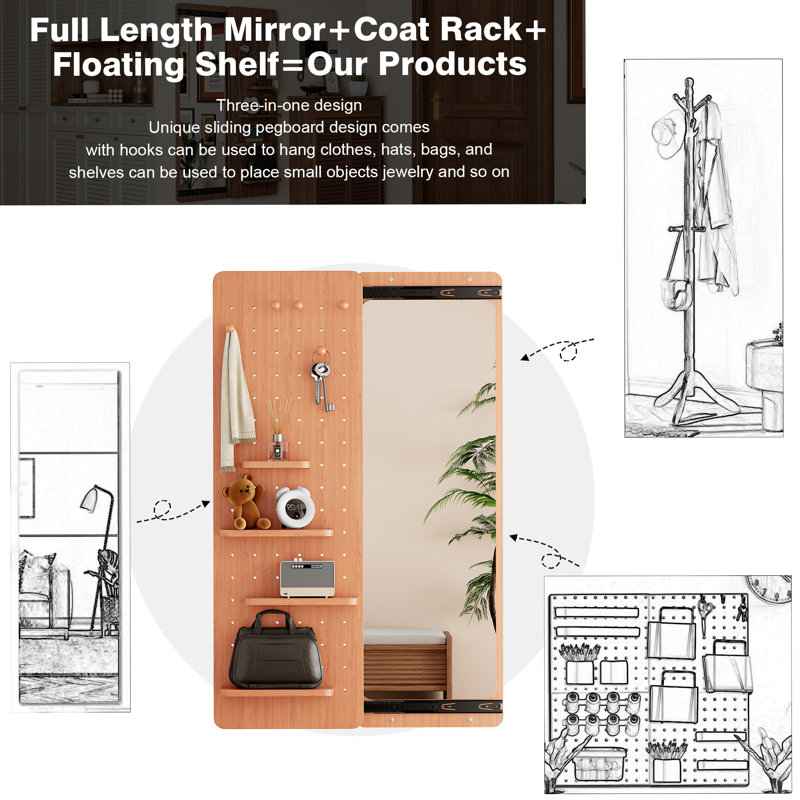 Miroir mural pleine longueur, miroir complet avec tablette pour chambre à coucher, salon, Cerisier