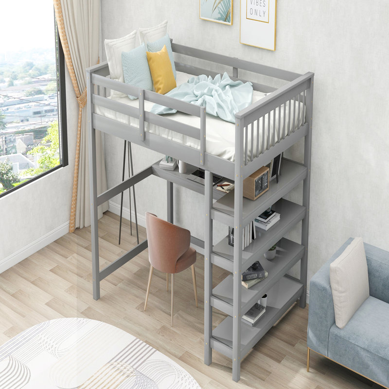 Lit mezzanine double avec tablettes de rangement et bureau sous le lit, Gris