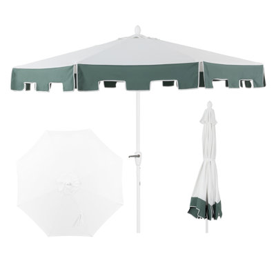 Baiona 9 ft. Coastal Outdoor Market Patio Umbrella with Crank Lift and Tilt, UV-Resistant Square Trim White/Green Canopy, White Pole