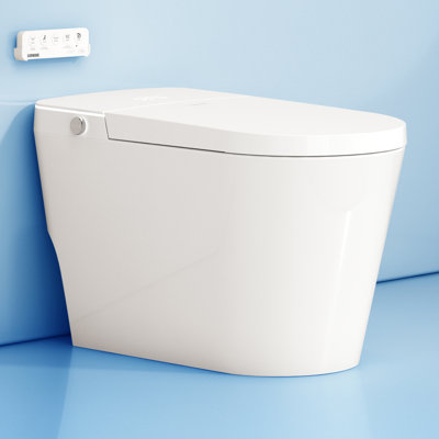 Toilette intelligente avec bidet intégré, ouverture / fermeture automatique, bouclier en mousse, détection de pied, réservoir intégré et chasse automatique assistée par pompe, siège chauffant plus large, toilette de bidet allongée une pièce de luxe