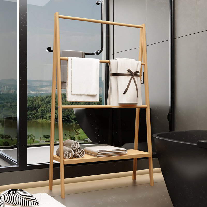 Bamboo Ladder Towel Rack With Storage Shelf