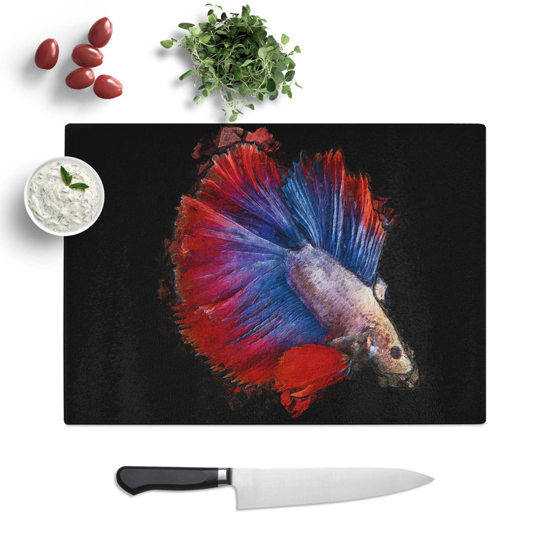 Tempered Glass Siamese Fighting Fish Chopping Board, 39 cm W x 28.5 cm L