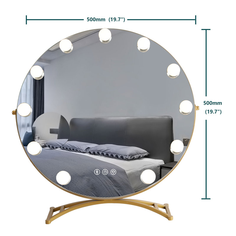 Large and Bright LED Metal Mirror Touch Dimmable Swivel Tabletop Mirror Hollywood Round lighted Makeup Mirror with 11 bulbs and 3x Magnification