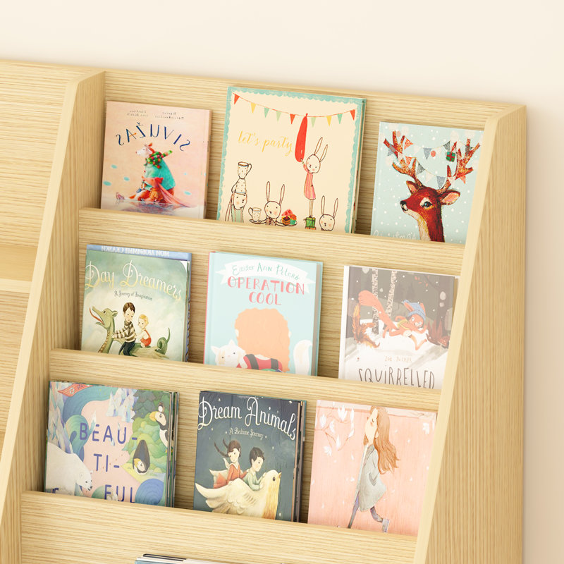 Bibliothèque pour tout-petits à 4 niveaux avec casiers de rangement, bibliothèque en bois pour chambre de bébé, Naturel