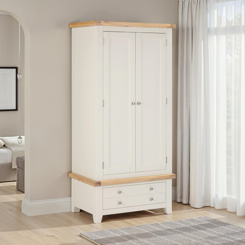 Windsor 2 Door Solid Wood Wardrobe, Ivory/Oak