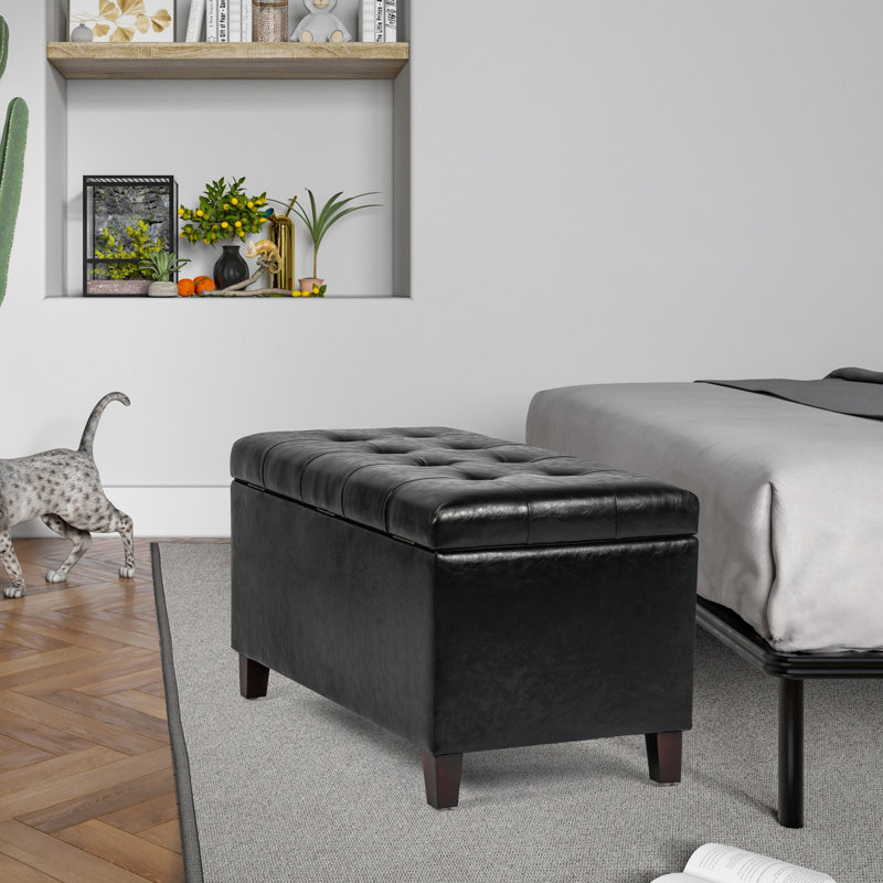 Michale Faux Leather Ottoman, Black Faux Leather, Espresso Wood