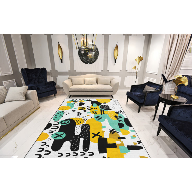 Stylish Woven Area Rug, 5.2 x 7.5 Feet, 100% Polyester with Non-Slip Felt Dot Underside | Pile Height: 0.4 inches, Total Thickness: 0.4 inches | Machine Washable, Digital Printed, Perfect for Living Room & Bedroom Decor