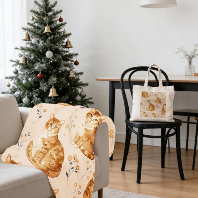 Christmas Watercolor Tabby Cat 2-Piece Cozy Gift Set: 40x50 Inch Flannel Blanket + 15.75x13.78 Inch Canvas Tote – Festive Holiday Pet-Themed Home Decor Bundle