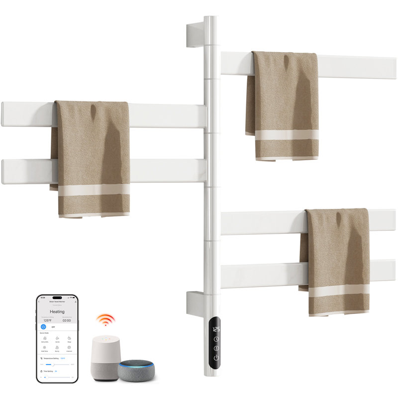 ENZE Smart Rotating Heated Towel Rack for Bathroom, 5-Bar Wall-Mounted Electric Towel Warmer 120W with Swivel Bars, Wi-Fi App Control, 24H Timer, Stainless Steel, IPX5, Hardwired/Plug-in, White