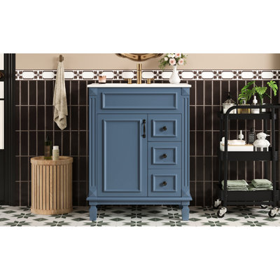 Meuble-lavabo 24 po avec lavabo en céramique, armoire moderne 2 tiroirs et tablette ajustable, poignées à boutons rétro, sculptures délicates