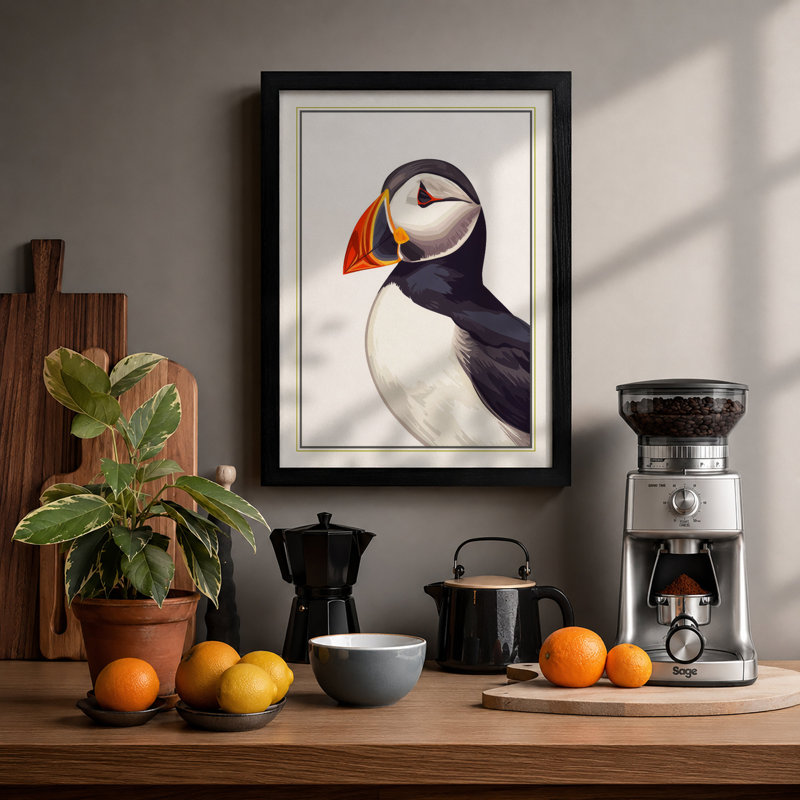 Puffin Profile Coastal - Framed Print, A1 - 84.1 x 59.4 cm, Black