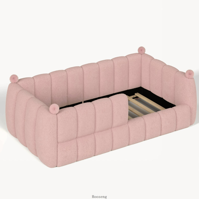 Lit de sol Montessori rembourré double avec barrières de sécurité intégrales, bas, rose, pour tout-petits, Lit simple, Rose