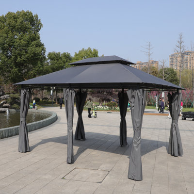 Pavillon de jardin extérieur 13 x 10 pi, double toit ventilé et parois latérales détachables, gris