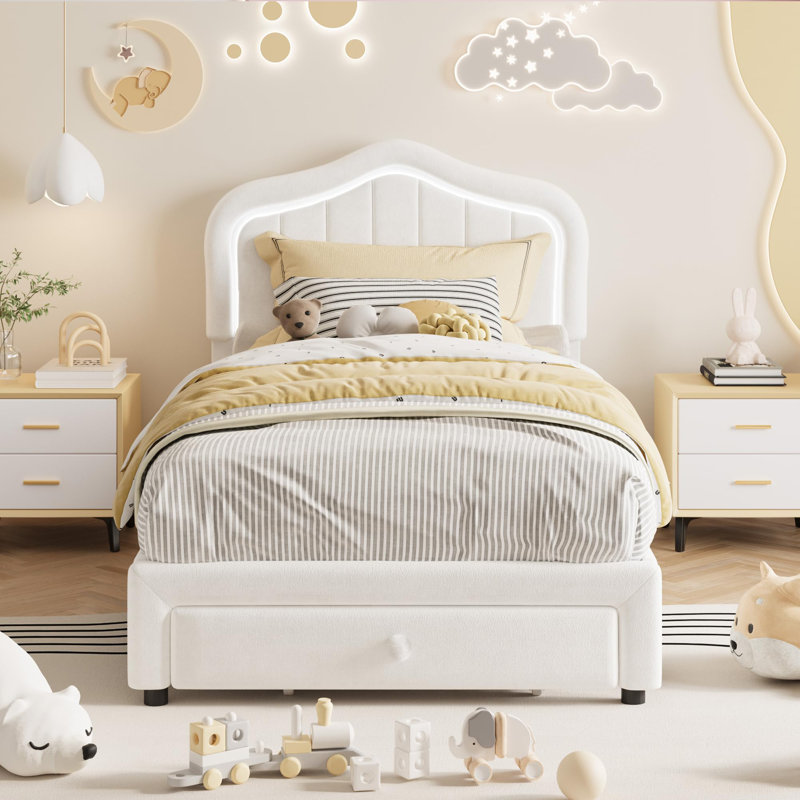 Twin Velvet Upholstered Bed Frame with LED Lights, Storage Drawer & Headboard for Kids, White