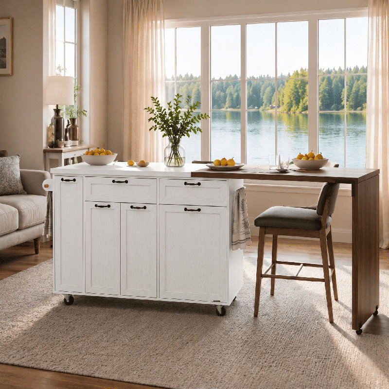 Îlot de cuisine de 102 po avec table de salle à manger et armoire de rangement pour déchets, White
