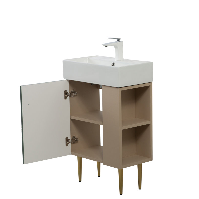 Base de meuble-lavabo de 21,6 po avec tablette ouverte à droite, grand espace de rangement, lavabo en bois massif et en céramique pour la longévité, fonction silencieuse à fermeture en douceur, espace de rangement facile à assembler, construction, lavabo, portes,