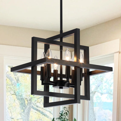 Mercer41 6 - Light Dimmable Industrial Square/Rectangle Geometric Candle Style Chandelier with Metal Cage for Dining Room, Kitchen Island, Foyer, Hallway