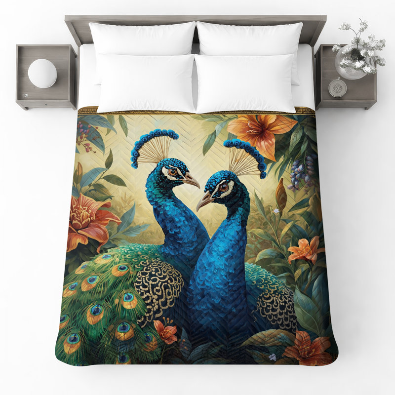 Couvre-lit matelassé bleu paon avec fleurs, Lit simple