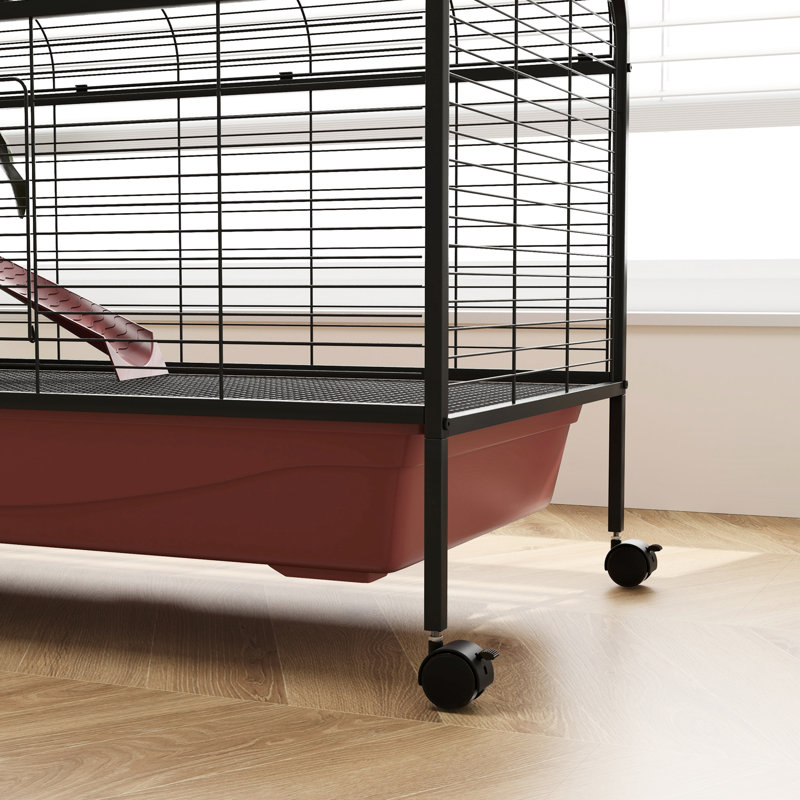 Petit refuge pour animaux de compagnie L 48 po - Lapin et furet avec mangeoire, roues, plateforme, refuge pour animaux rampe rouge / noir
