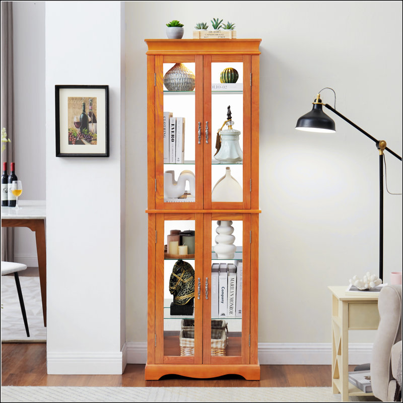 Lighted Glass Curio Display Cabinet With Wood Frame - Elegant Storage For Collectibles, Wine, And More - For Living Room, Kitchen & Pantry - Bulb Included