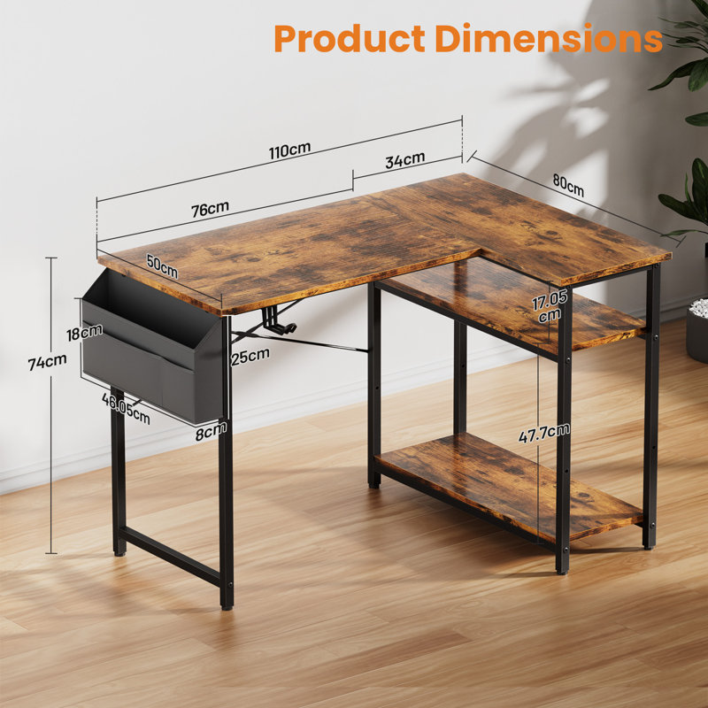 Modular L-Shaped Steel Computer Desk, Brown/Black