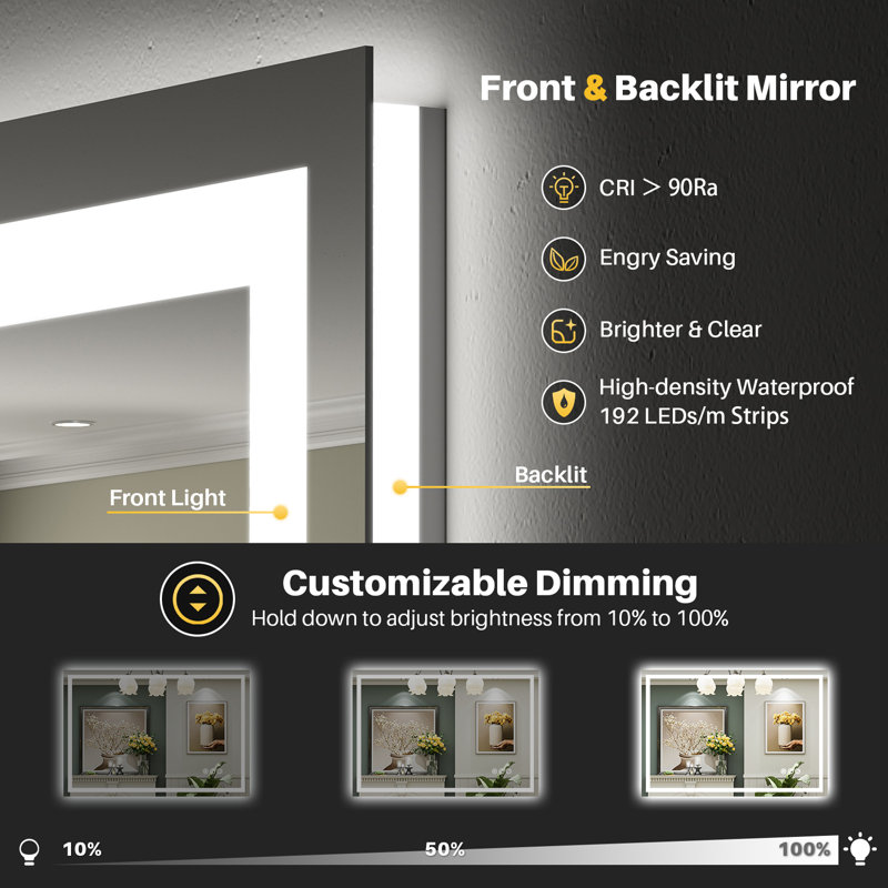 LED Bathroom Mirror with Lights, Backlit & Front Lit, Lighted Wall Mirrors for Bathroom Vanity, Touch Screen Dimmable, Anti-Fog, Memory Function, HD Tempered Glass, Shatter-Proof, ETL Listed