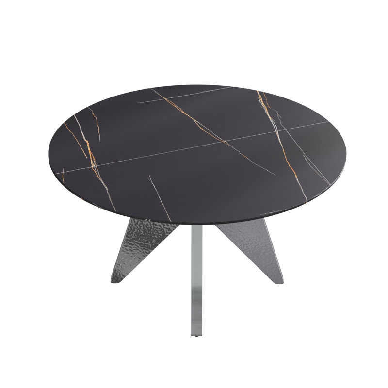 Table de salle à manger ronde de 53 po, surface en pierre frittée noire, base en acier inoxydable, pouvant accueillir 6 personnes, pièce moderne 6 noire, plateau avec et tendance,