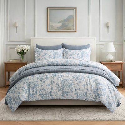 100% Cotton Sateen Toile Floral Duvet Cover Set, 3-Piece Soft & Breathable Bedding Set With Button Closure & 2 Pillow Shams