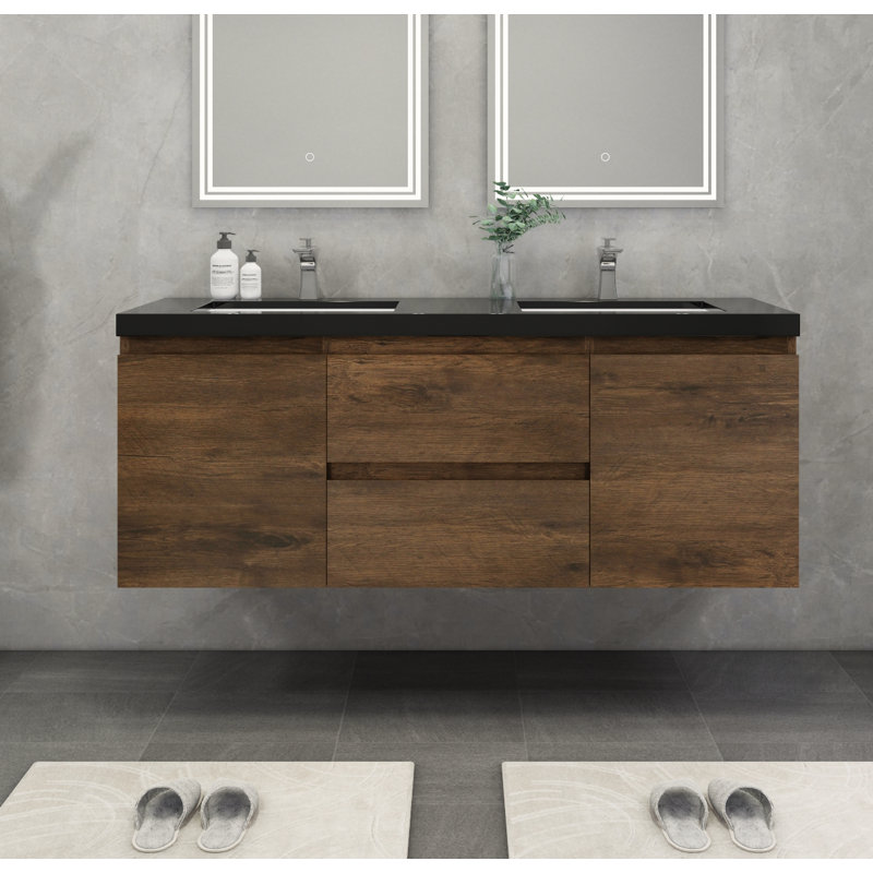Castin 60" Wall-Mounted Double Bathroom Vanity Set, Rose Wood