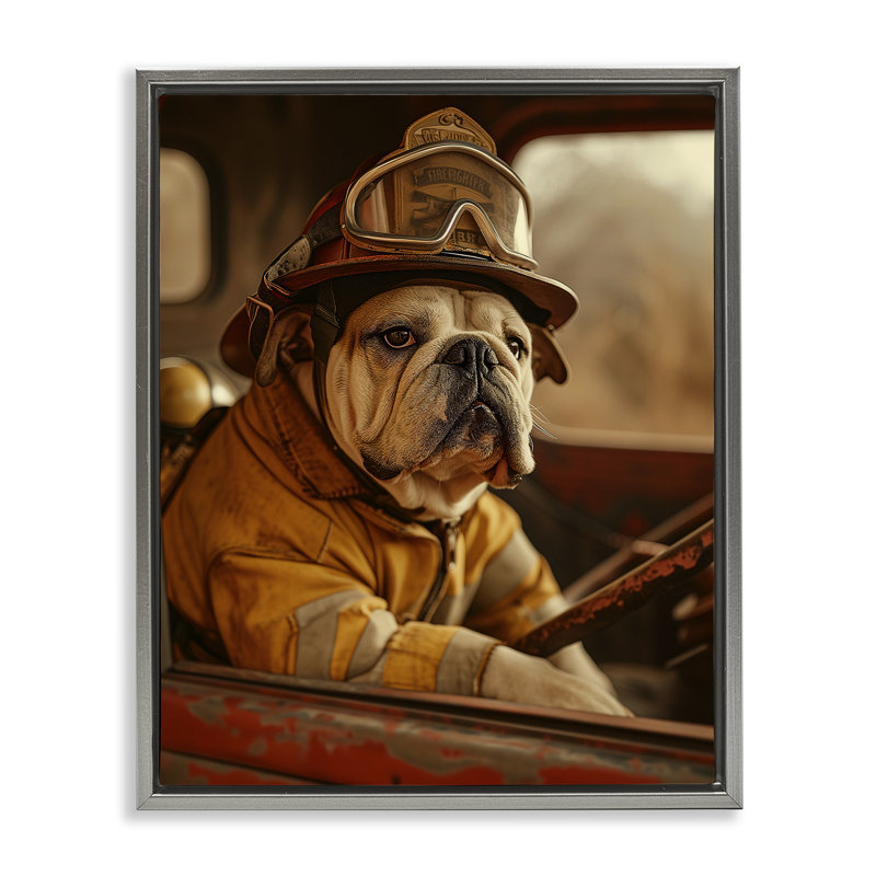 «Rustic Bulldog Fireman», art mural encadré flottant noir par Ray Heere, Cadre flottant gris lustré, H 21 po x l 17 po