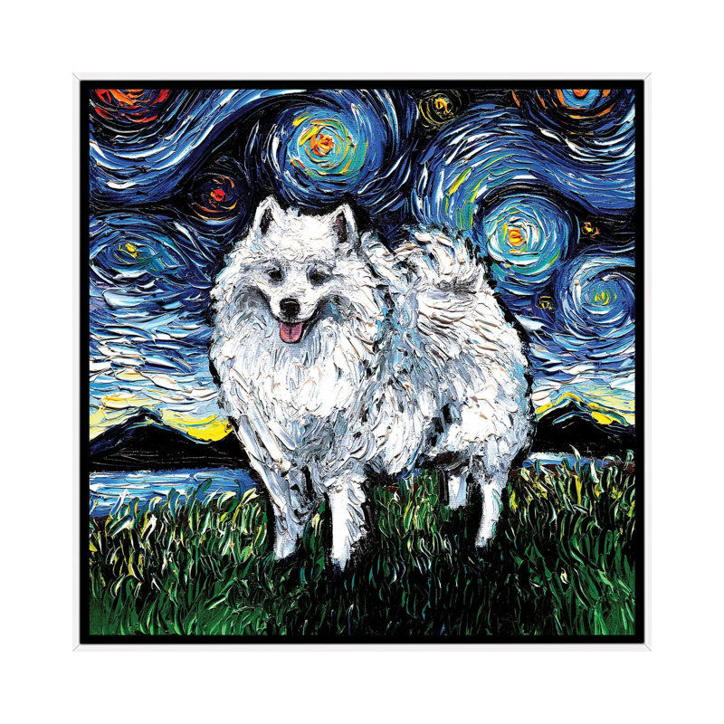 American Eskimo Night par Aja Treves - reproduction d'art, H 12 po x l 12 po x P 1,5 po, Toile blanche encadrée, Pas de tapis