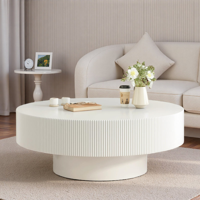 Table basse avec motif cannelé et plateau de table rond, Blanc