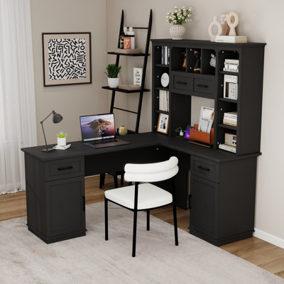Bureau d'ordinateur en L 2 en 1 avec tiroirs, armoire, tablettes ouvertes, prise de courant
