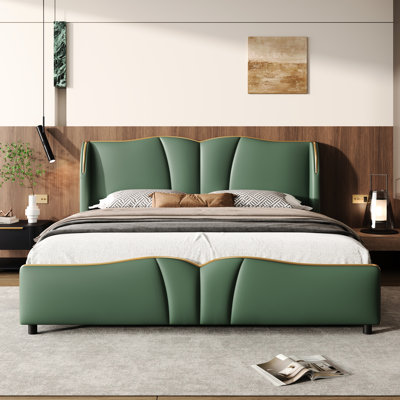 Queen Size Dark Bed Frame, Wave - Shaped Design, Wingback Headboard, Soft Sponge, No Spring Box Frame With Leather, Headboard And , Wingback, Strong Structure Build,