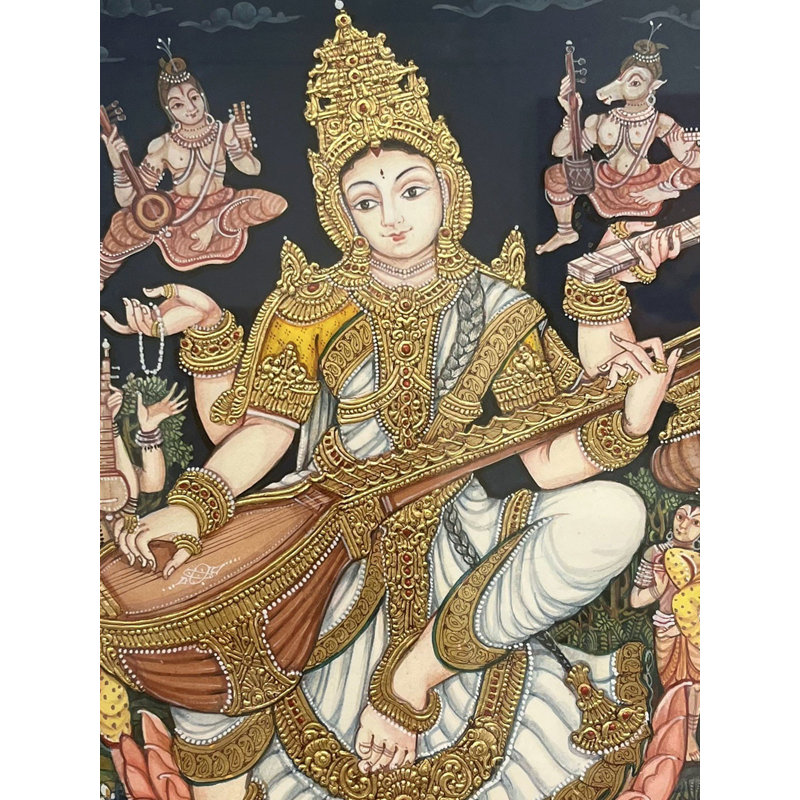 Devi Saraswati | Gold Foil Work | Mysore Painting | For Wall Décor