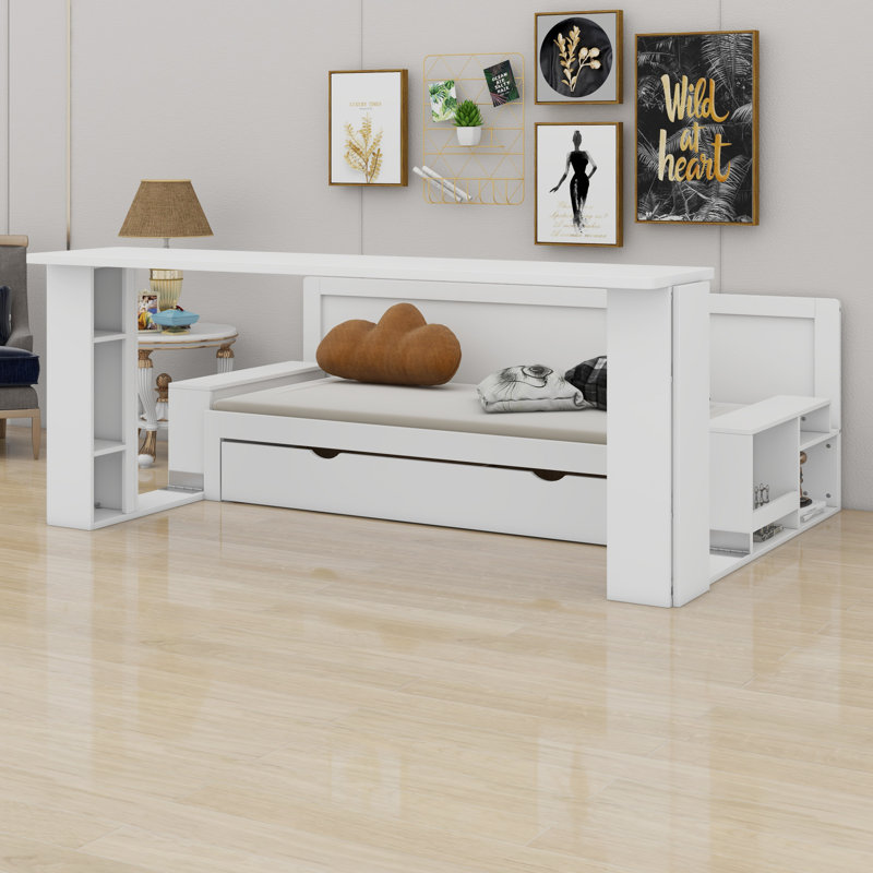 Lit de jour avec bureau amovible, tiroirs de rangement et table d'appoint hydraulique, Grand lit, Blanc