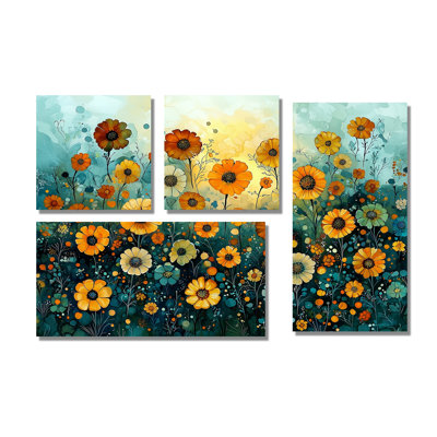 Coucher de soleil au coucher du soleil, champ de couches émeraude III - art mural floral 4 pièces