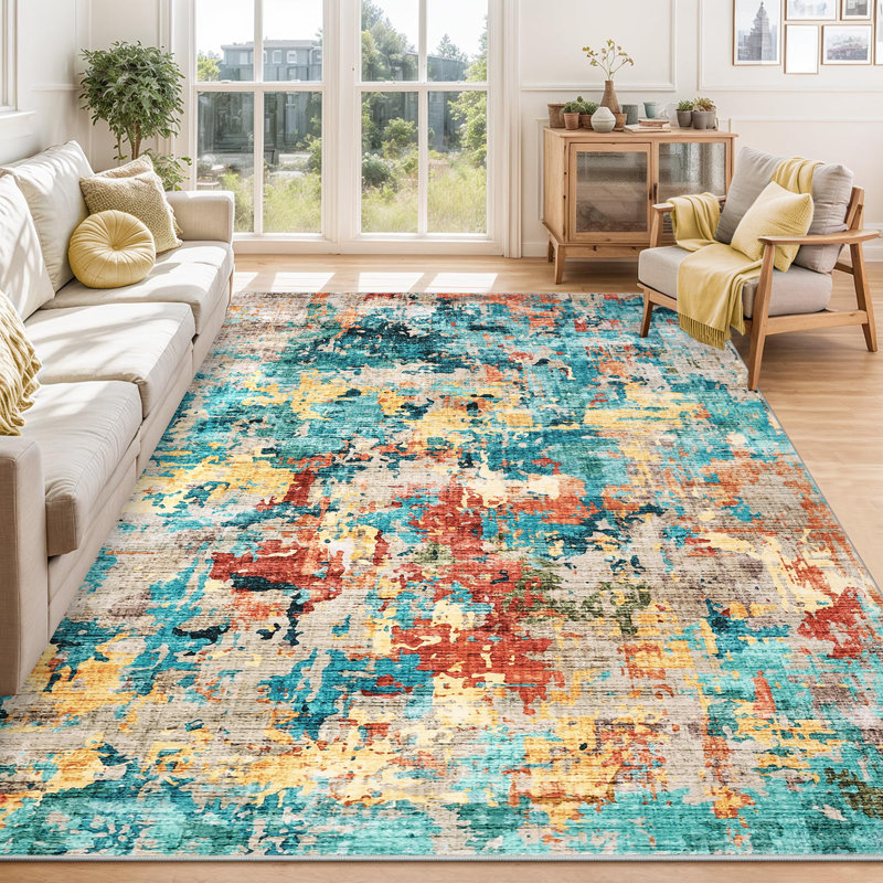 Washable Area Rug, Modern Abstract Low Pile Non-Slip Foldable Pearl Velvet Artistic Landscape Carpet, Blue Multi, 5'x7'