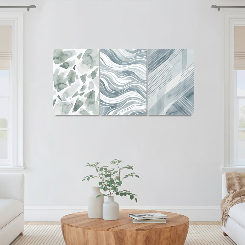 Ensemble de 3 toiles imprimées abstraites à l'aquarelle, ornées de vagues marbrées et de motifs géométriques, pour la décoration du salon, de la chambre ou du bureau.