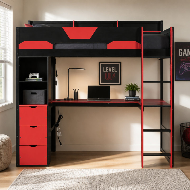 Lit mezzanine en bois pour lit simple avec bureau en U, lumières à DEL intelligentes et ports USB, Lit simple, Noir et rouge