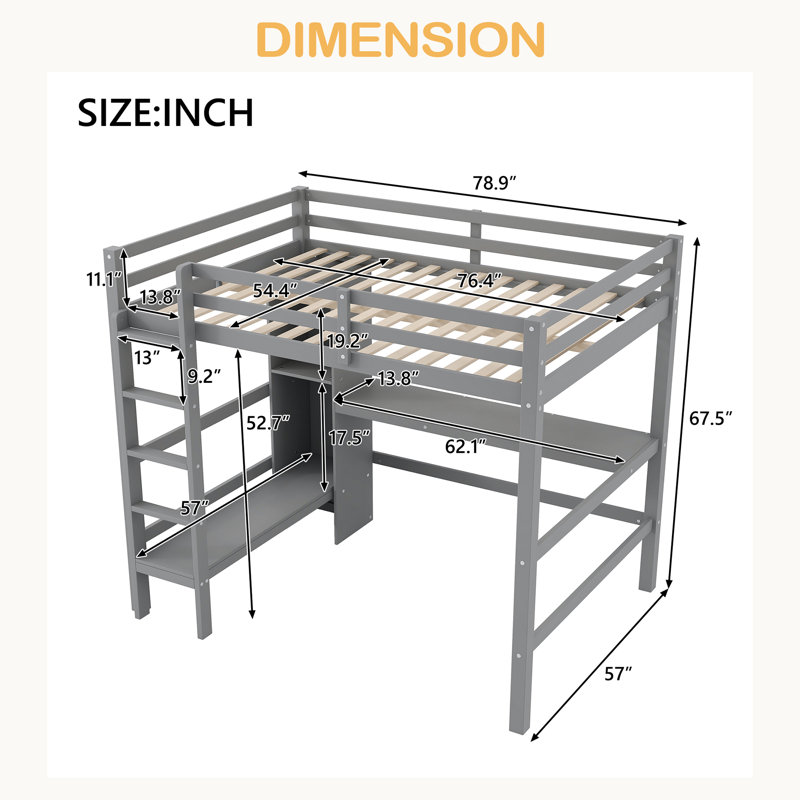 Lit mezzanine double avec tablettes multifonctionnelles et bureau sous le lit, Gris