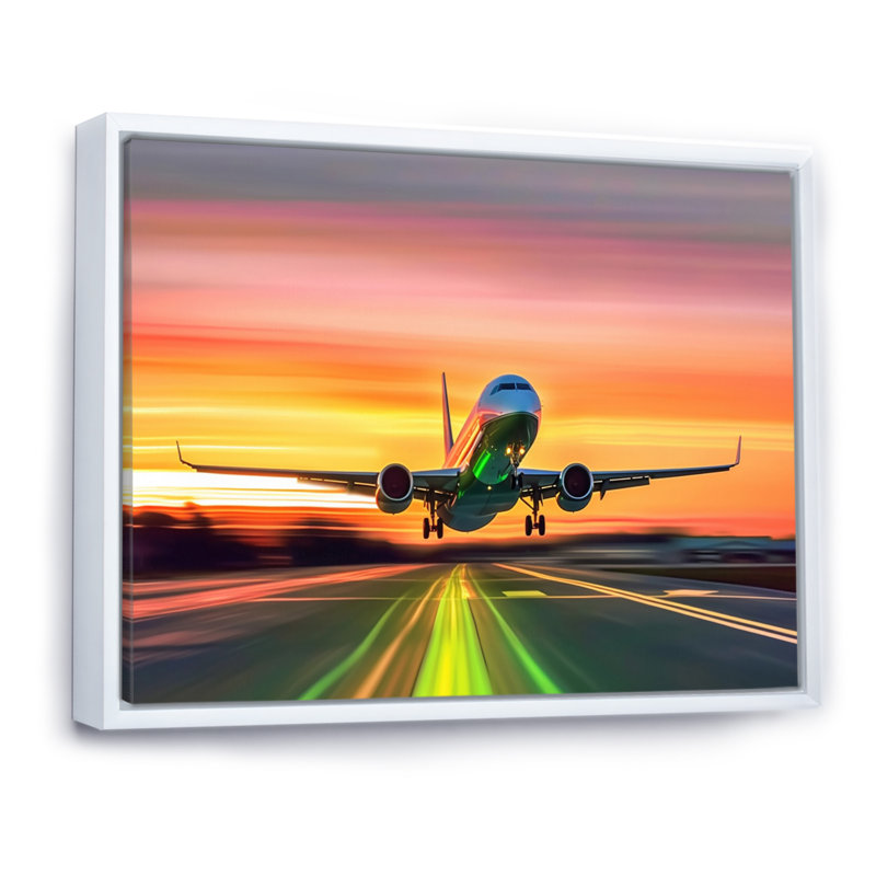 Coucher de soleil sur l'avion sur le tarmac II - Avion, art mural sur toile, Cadre flottant blanc, 12" H x 20" W