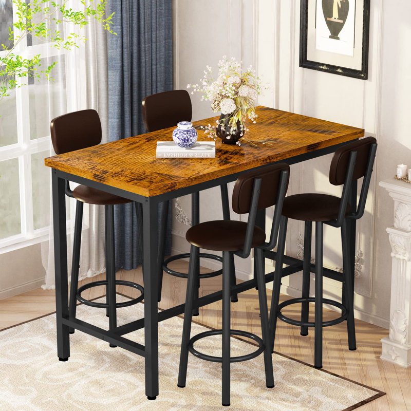 Industrial Bar Table Set with 4 PU Stools - Counter Height, Space-Saving 5-Piece Dining Set (43” L), Brown/Black