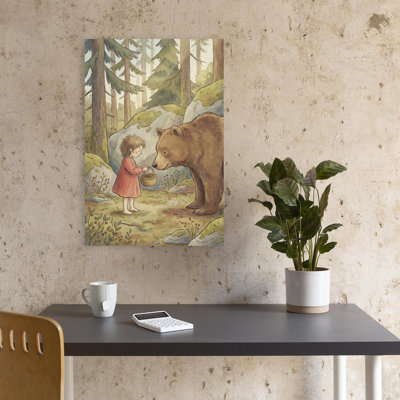 «Little Girl and Bear Peaceful Whimsical Abstract Bear Moss Forest Nature», art mural