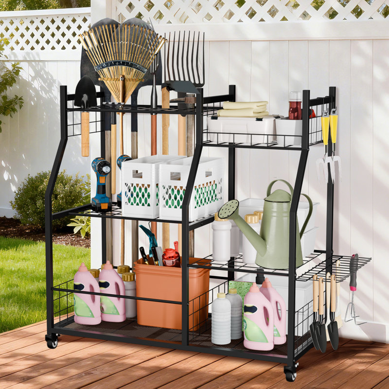Heavy Duty Metal Freestanding Rolling Garage Tool Organizer Cart With Wheels For Power & Long Handled Tools